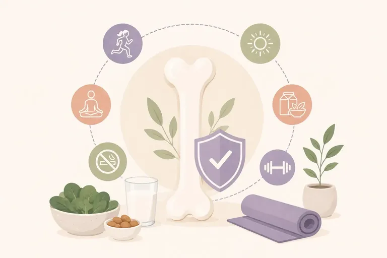 Medical illustration of a healthy bone with a protective shield, surrounded by icons for exercise, sunlight, nutrition, calcium-rich foods and strength training, representing lifelong bone health and osteoporosis prevention.