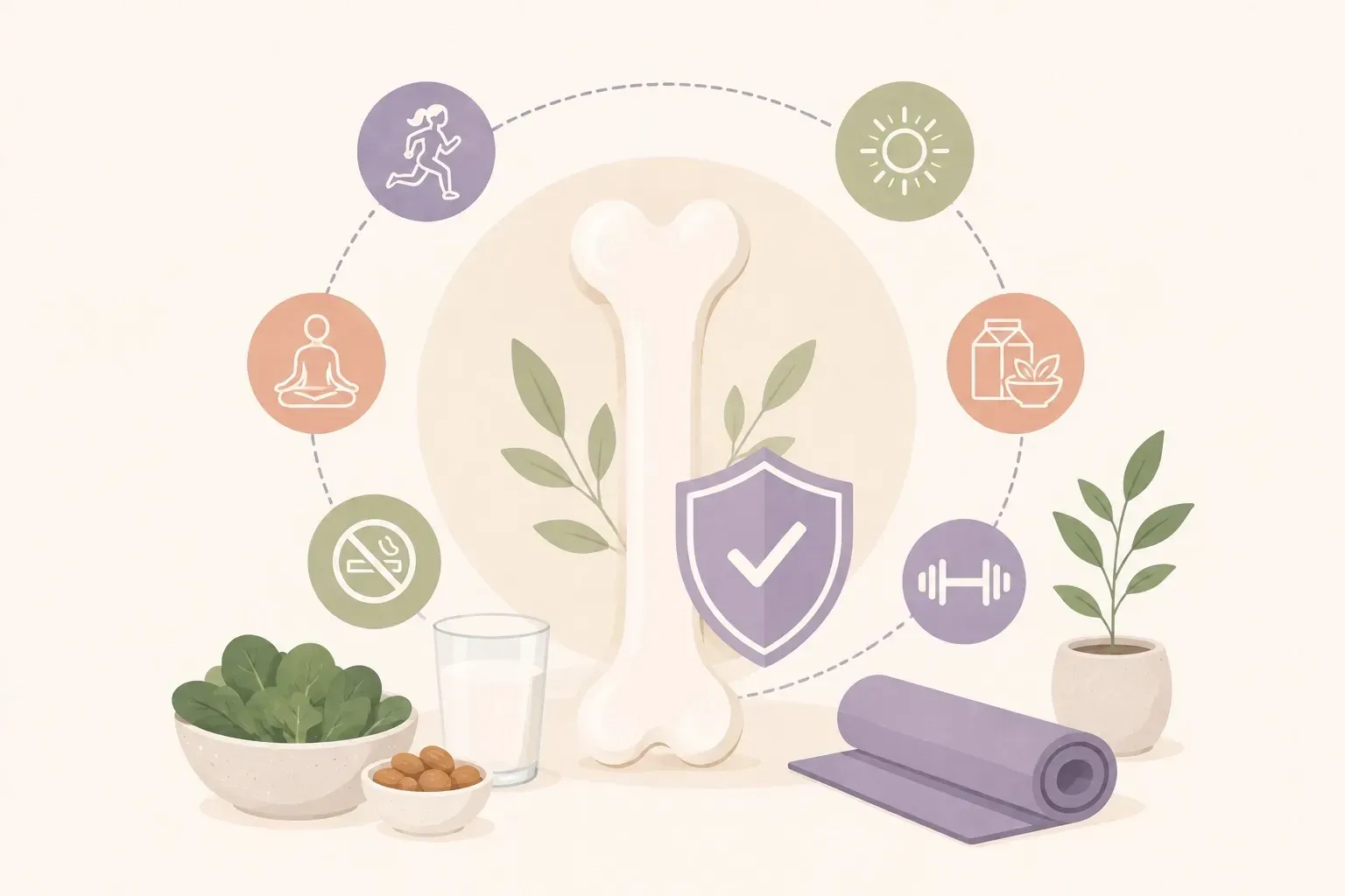 Medical illustration of a healthy bone with a protective shield, surrounded by icons for exercise, sunlight, nutrition, calcium-rich foods and strength training, representing lifelong bone health and osteoporosis prevention.