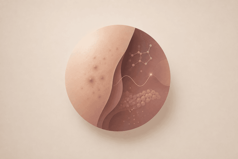 Minimal scientific illustration showing adult acne on skin alongside subtle hormonal and biological signals, representing the possible connection between adult acne, hormones and PCOS.