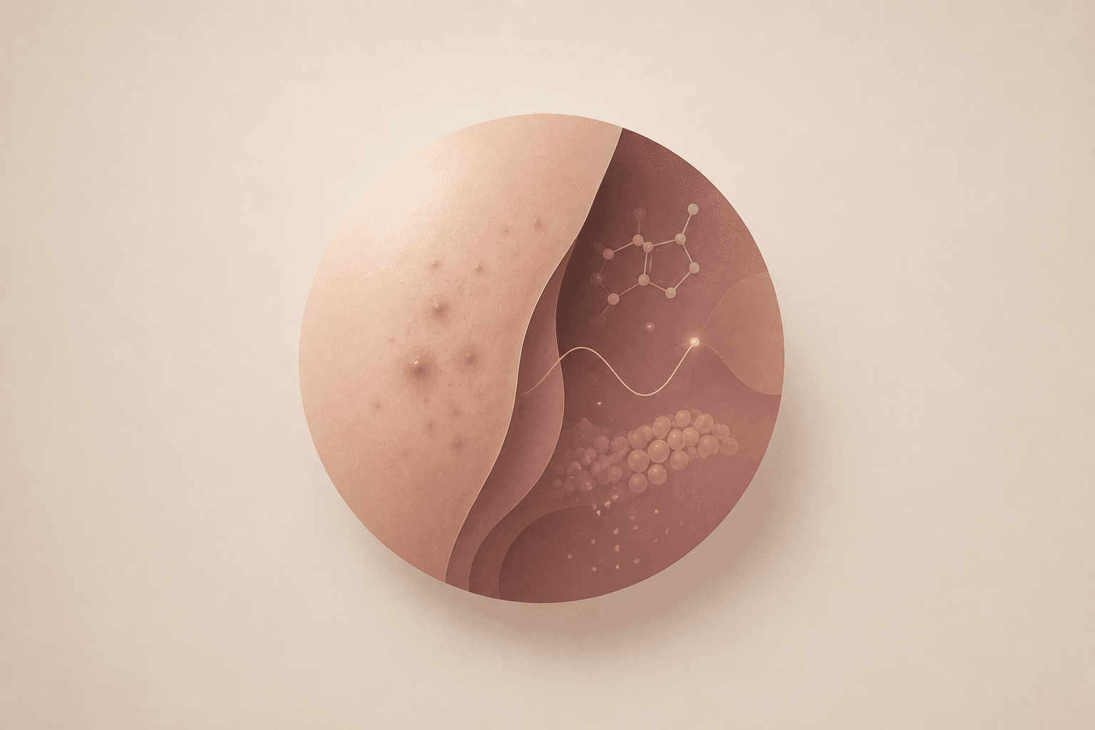 Minimal scientific illustration showing adult acne on skin alongside subtle hormonal and biological signals, representing the possible connection between adult acne, hormones and PCOS.