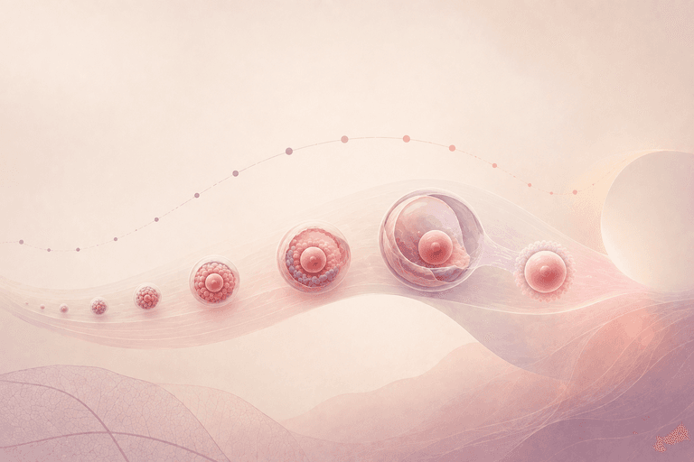 Minimal scientific illustration showing the progression of ovarian follicles toward ovulation, representing female fertility, egg development and the role of age and ovarian reserve.