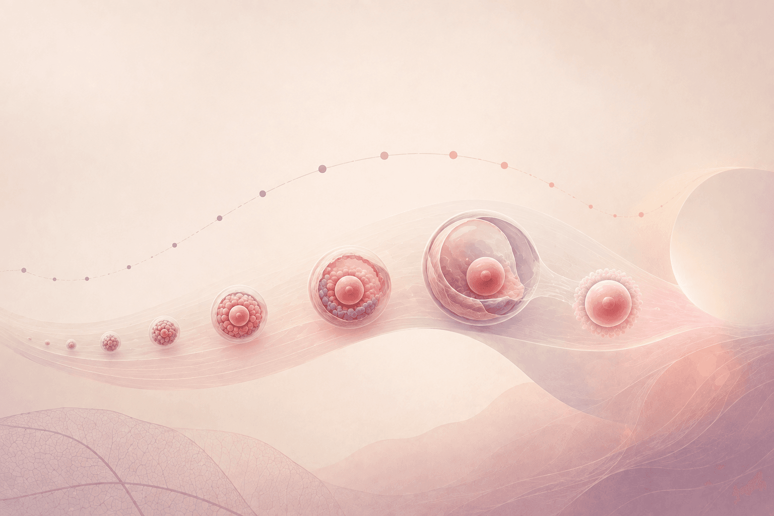 Minimal scientific illustration showing the progression of ovarian follicles toward ovulation, representing female fertility, egg development and the role of age and ovarian reserve.