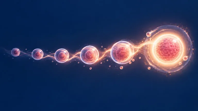 A sequence of glowing pink cells develops along a luminous pathway against a deep navy blue background, illustrating cellular growth.