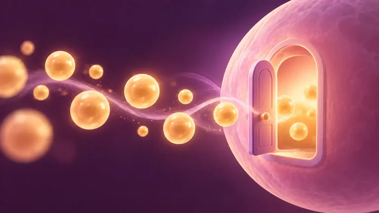 Glowing golden glucose particles approach an open cellular doorway, illustrating how insulin helps glucose enter body cells.
