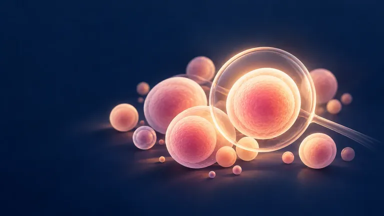 Abstract scientific illustration of glowing cellular forms representing ovarian reserve and AMH testing in fertility assessment.