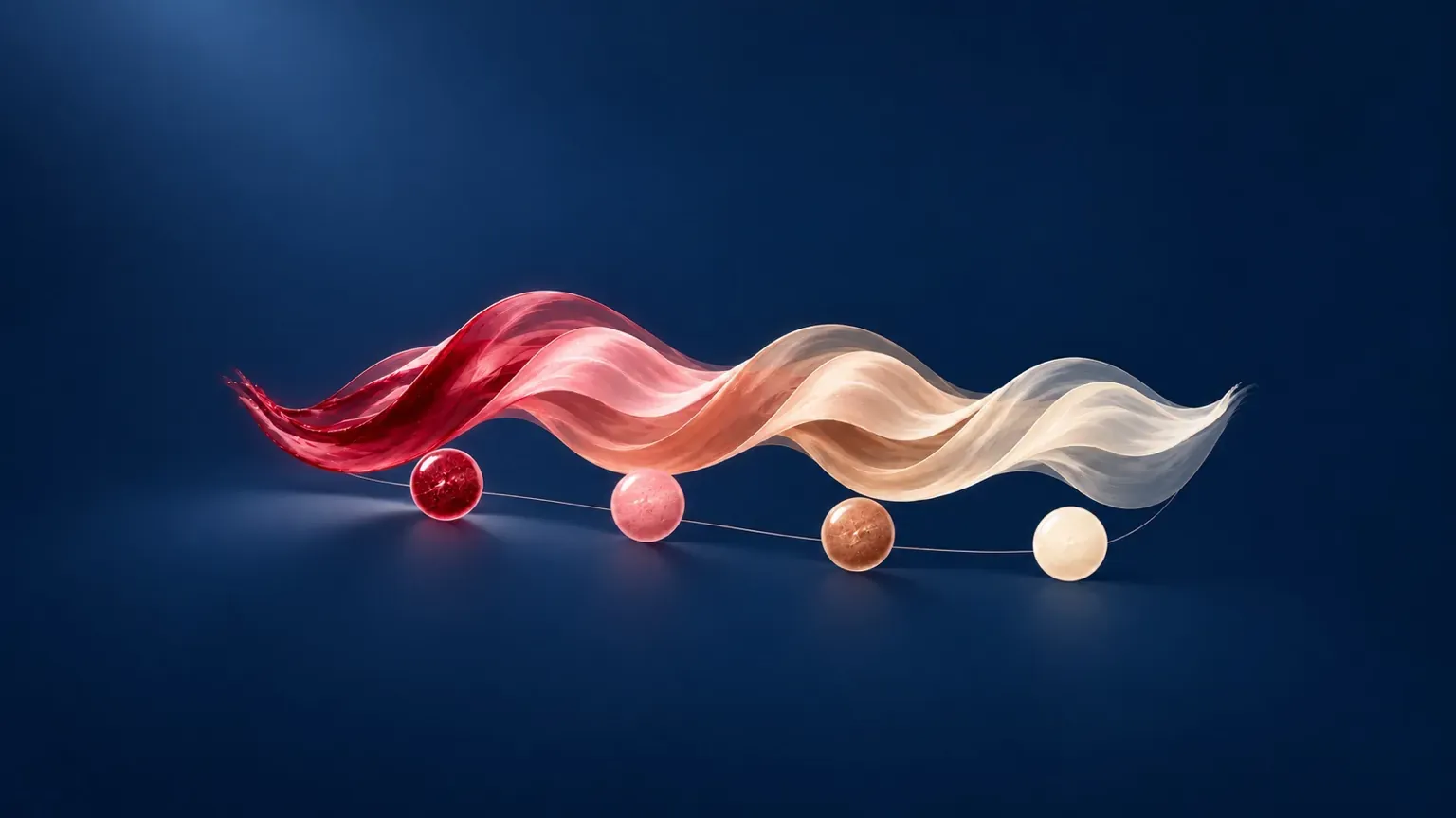 Abstract illustration of a flowing ribbon transitioning from deep red to ivory, with four softly illuminated spheres against a deep navy background.
