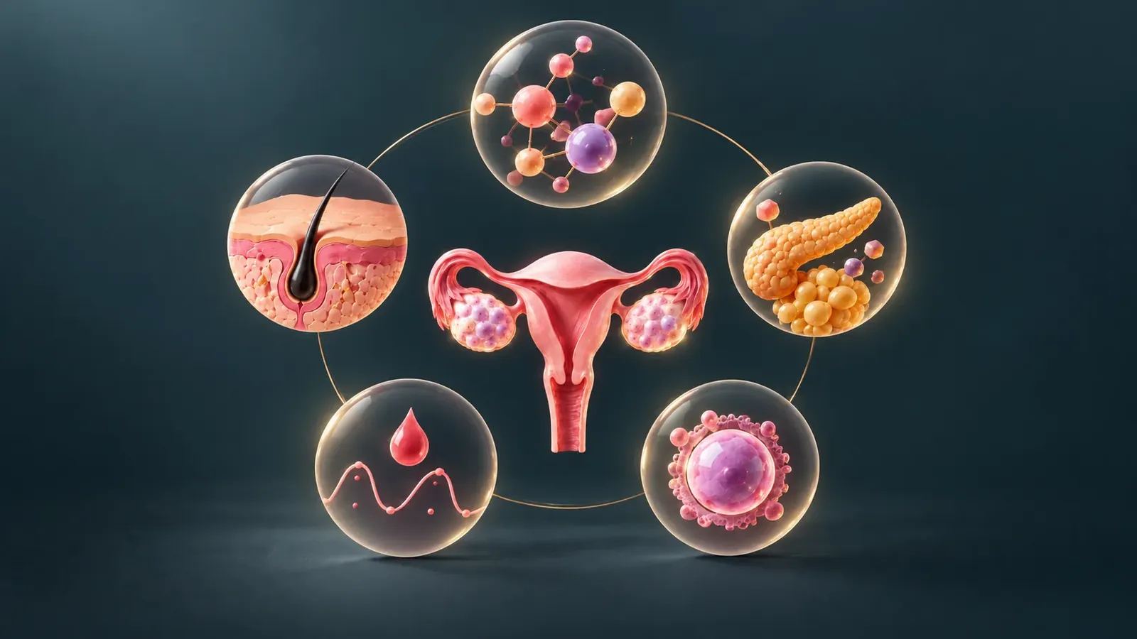 PCOS (PMOS) illustration showing hormonal signalling, ovaries and ovulation, and metabolic health