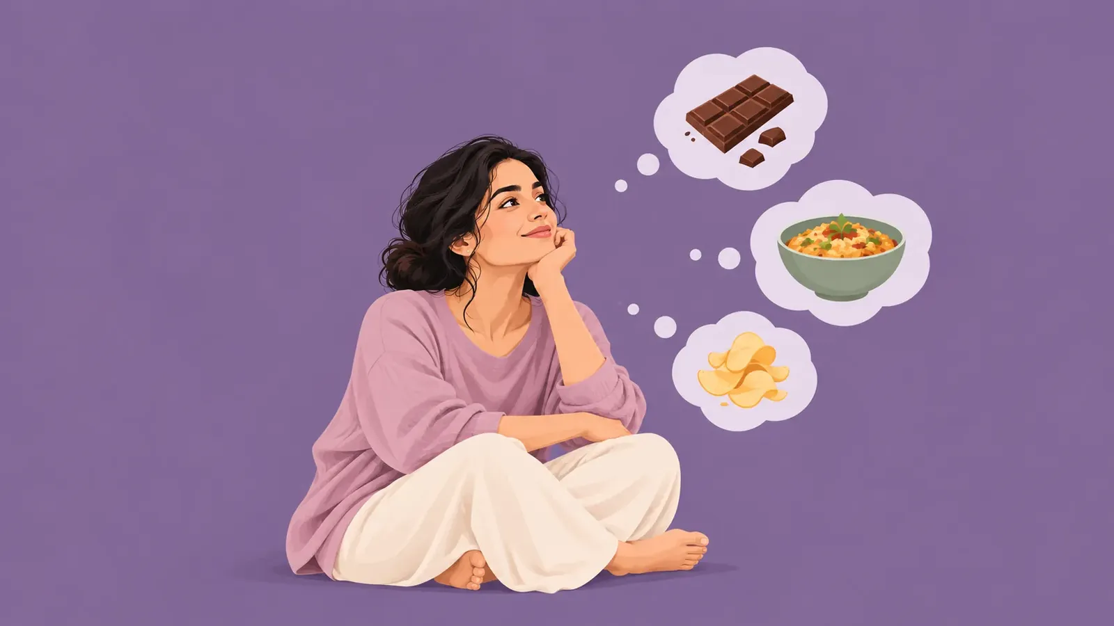 Woman thinking about food cravings across the menstrual cycle