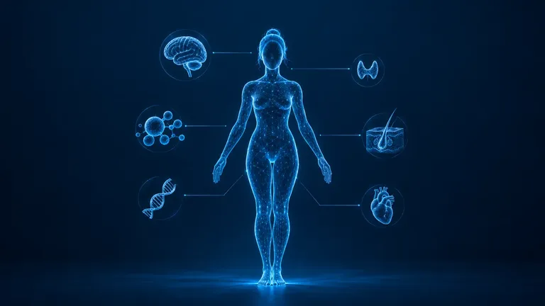 Medical illustration of a female wireframe figure surrounded by representations of the brain, thyroid, metabolic cells, hair follicles, DNA and heart on a dark navy background.