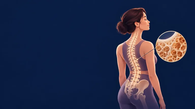 Woman’s spine and pelvis highlighted beside a magnified view of internal bone structure on a navy background.