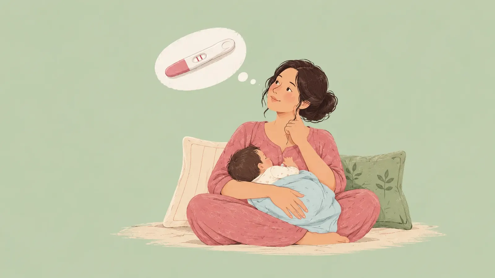 Hand-drawn illustration of a mother breastfeeding her baby with a positive pregnancy test.