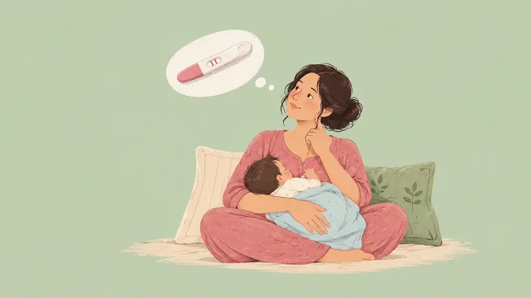 Hand-drawn illustration of a mother breastfeeding her baby with a positive pregnancy test.