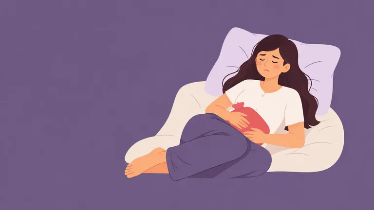 Illustration of a woman curled up holding her abdomen during painful periods.