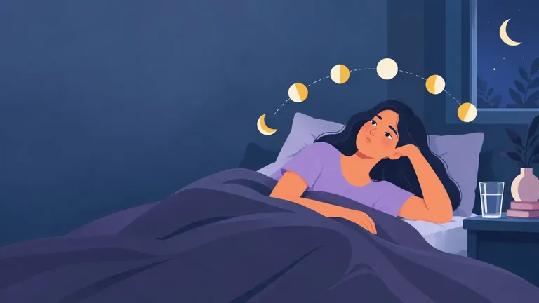 Woman lying awake at night beneath a crescent moon, illustrating sleep changes during menopause.