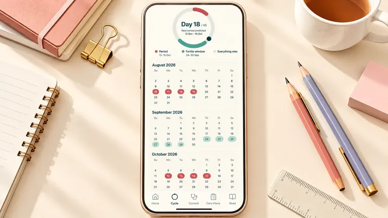 Menstrual cycle calendar showing an August period, no period in September, and an October period with an estimated fertile window.