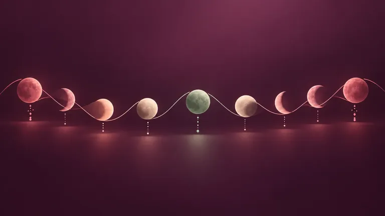 Abstract menstrual-cycle rhythm with dusty rose and sage lunar forms connected by delicate curves against a deep plum background.