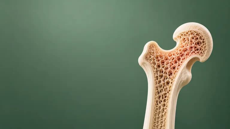 Medical illustration of porous ivory bone structure within a femur against a muted sage-green background.