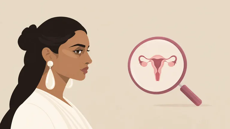 Flat editorial illustration of an Indian woman beside a magnifying glass highlighting a uterus, representing reproductive health awareness.