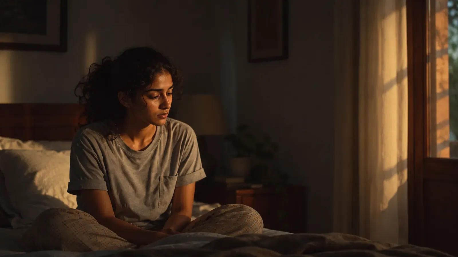 A young Indian woman sits pensively on a bed in a dimly lit bedroom, reflecting a low mood before her period.
