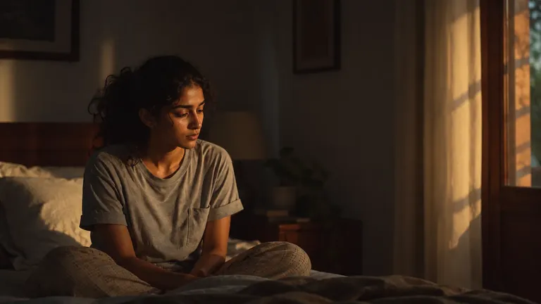 A young Indian woman sits pensively on a bed in a dimly lit bedroom, reflecting a low mood before her period.