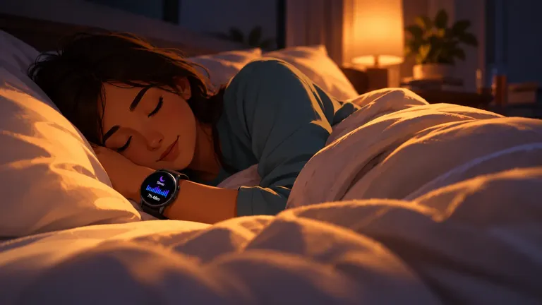 A woman sleeps under a cream duvet in a dim bedroom, with a smartwatch tracking sleep amid warm amber light and cool shadows.
