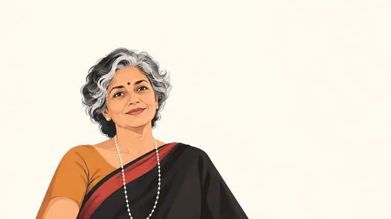 Editorial illustration of a mature South Indian woman with silver-streaked hair and a bindi, wearing a charcoal saree with a rust-red border against a warm cream background.