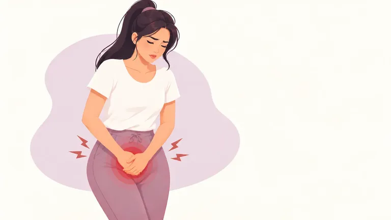Illustration of a woman clutching her lower pelvis, with red rings and pain marks against a warm ivory and mauve background.