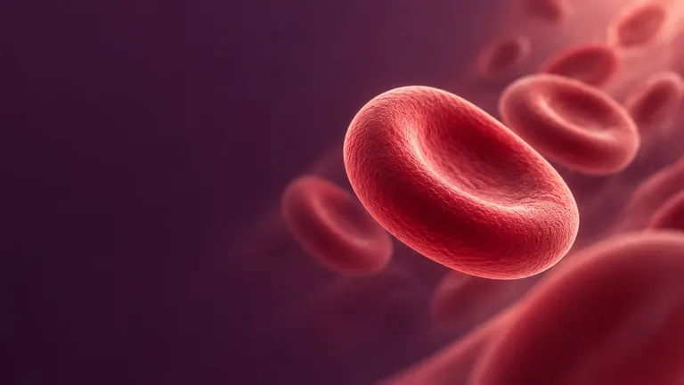 Scientific illustration of a prominent red blood cell with softer cells in the background, set against a deep plum and burgundy backdrop with restrained lighting.