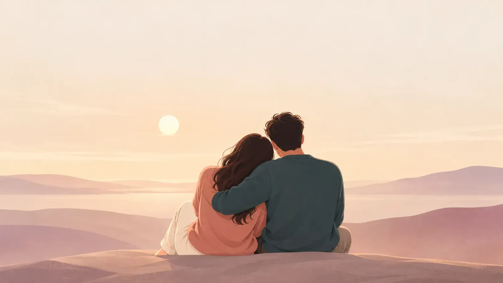 A couple sits closely together, viewed from behind, overlooking a warm ivory and mauve landscape at sunset.