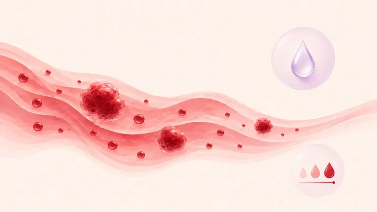 Illustration of red blood cells and menstrual blood clot clusters on a soft blush background, with symbols indicating blood flow.