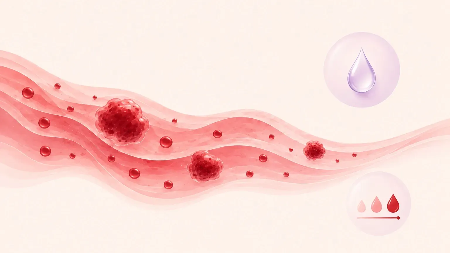 Illustration of red blood cells and menstrual blood clot clusters on a soft blush background, with symbols indicating blood flow.