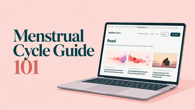 A flat vector hero shows “Menstrual Cycle Guide 101” beside a laptop displaying Saisha Health’s Read page on a soft blush background.