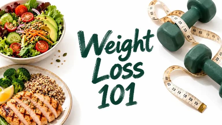 Chalk-style green “Weight Loss 101” lettering between a fresh salad, grilled chicken meal, green dumbbells and a measuring tape on white.
