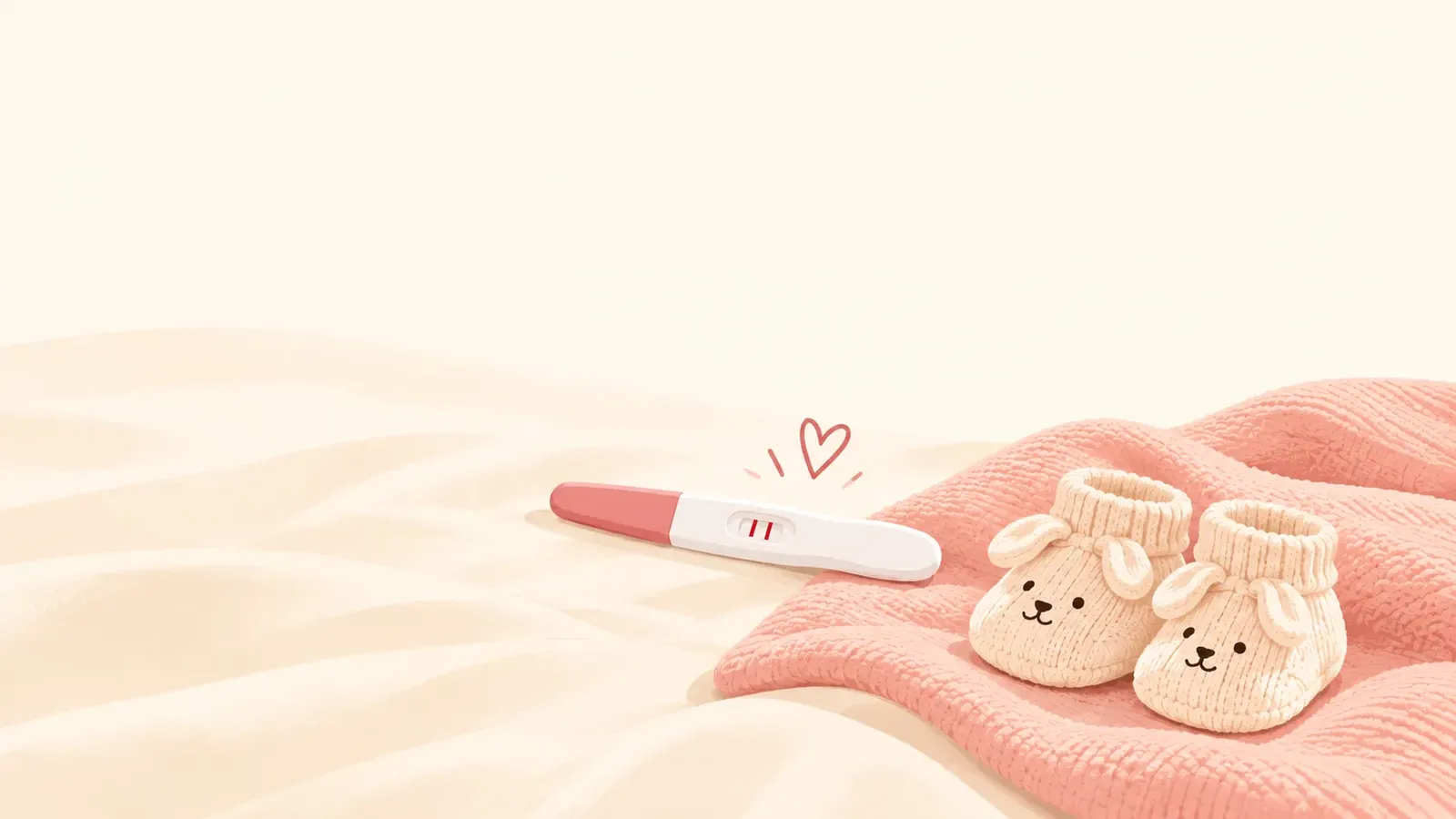Positive pregnancy test and knitted baby shoes on a warm ivory background, symbolising hope for pregnancy while managing PCOS.