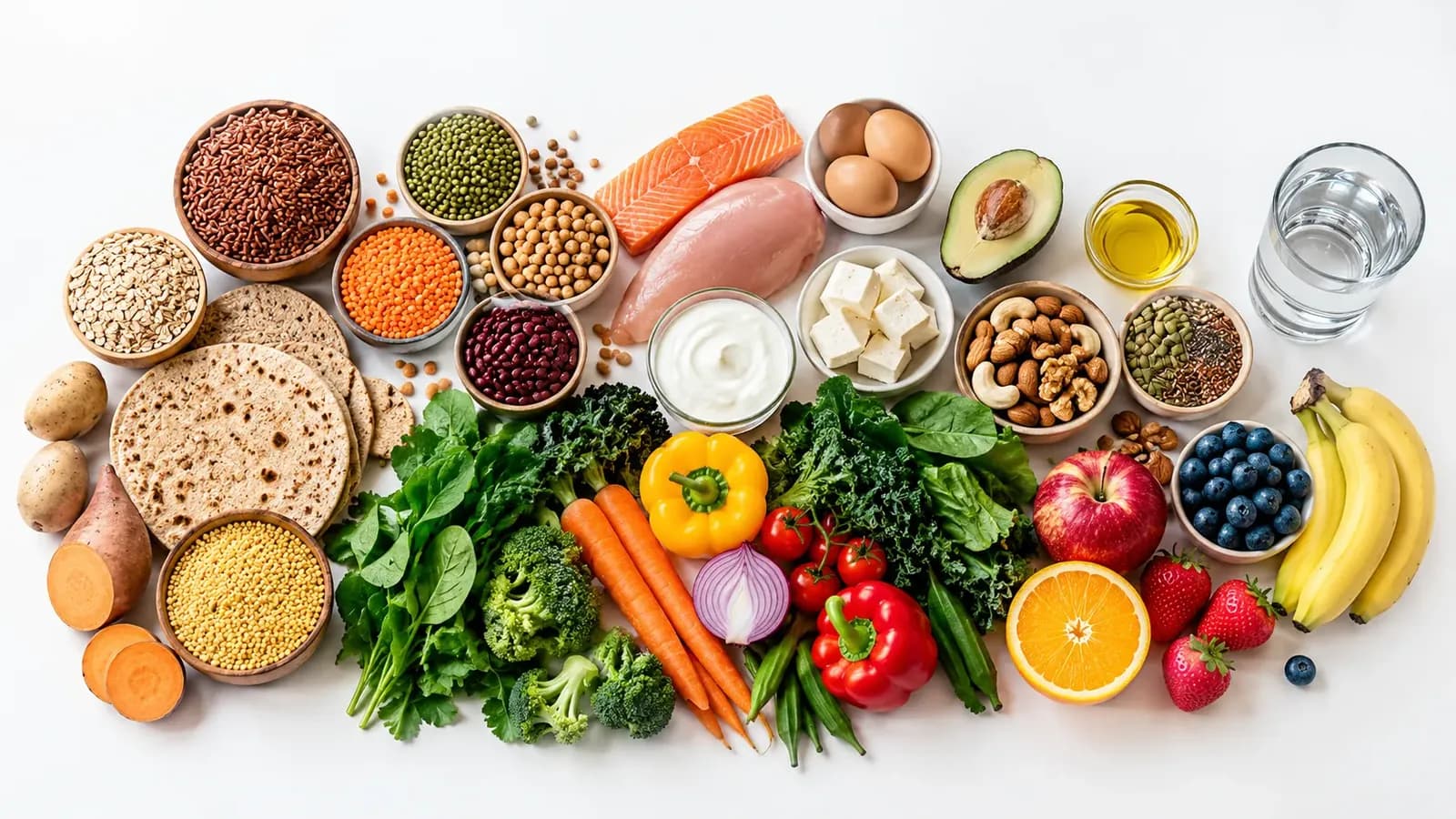 Overhead photograph of whole grains, roti, pulses, paneer, eggs, nuts, vegetables, fruit, healthy fats and water on a white background.