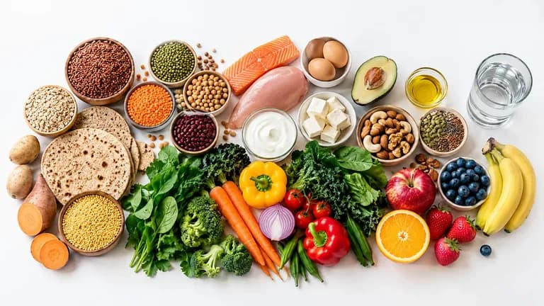 Overhead photograph of whole grains, roti, pulses, paneer, eggs, nuts, vegetables, fruit, healthy fats and water on a white background.