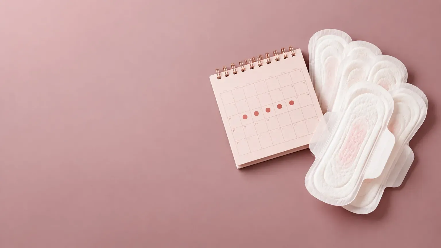 White menstrual pads beside a baby-pink calendar with period days marked, arranged on a clean dusty-mauve background.