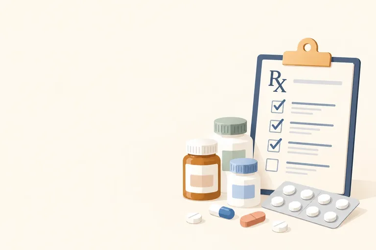 Flat vector illustration of a prescription checklist, medicine bottles, a blister pack and loose tablets on a warm ivory background.