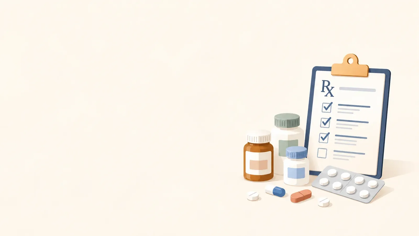 Flat vector illustration of a prescription checklist, medicine bottles, a blister pack and loose tablets on a warm ivory background.