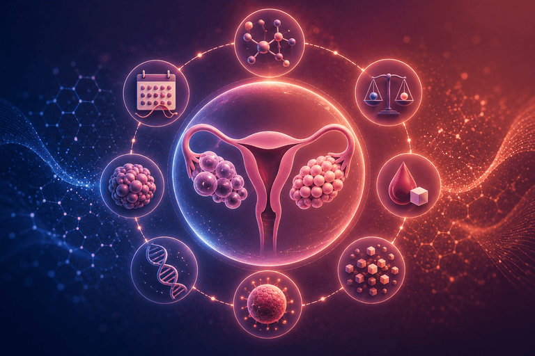 Scientific illustration of PCOS (PMOS) showing the uterus and ovaries at the centre, surrounded by interconnected symbols representing hormonal balance, menstrual cycles, metabolism, genetics and cellular processes.