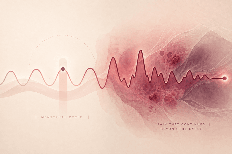 Scientific illustration of a menstrual cycle pattern that becomes more intense and persistent beyond the expected cycle, representing endometriosis and period pain that may signal an underlying condition.