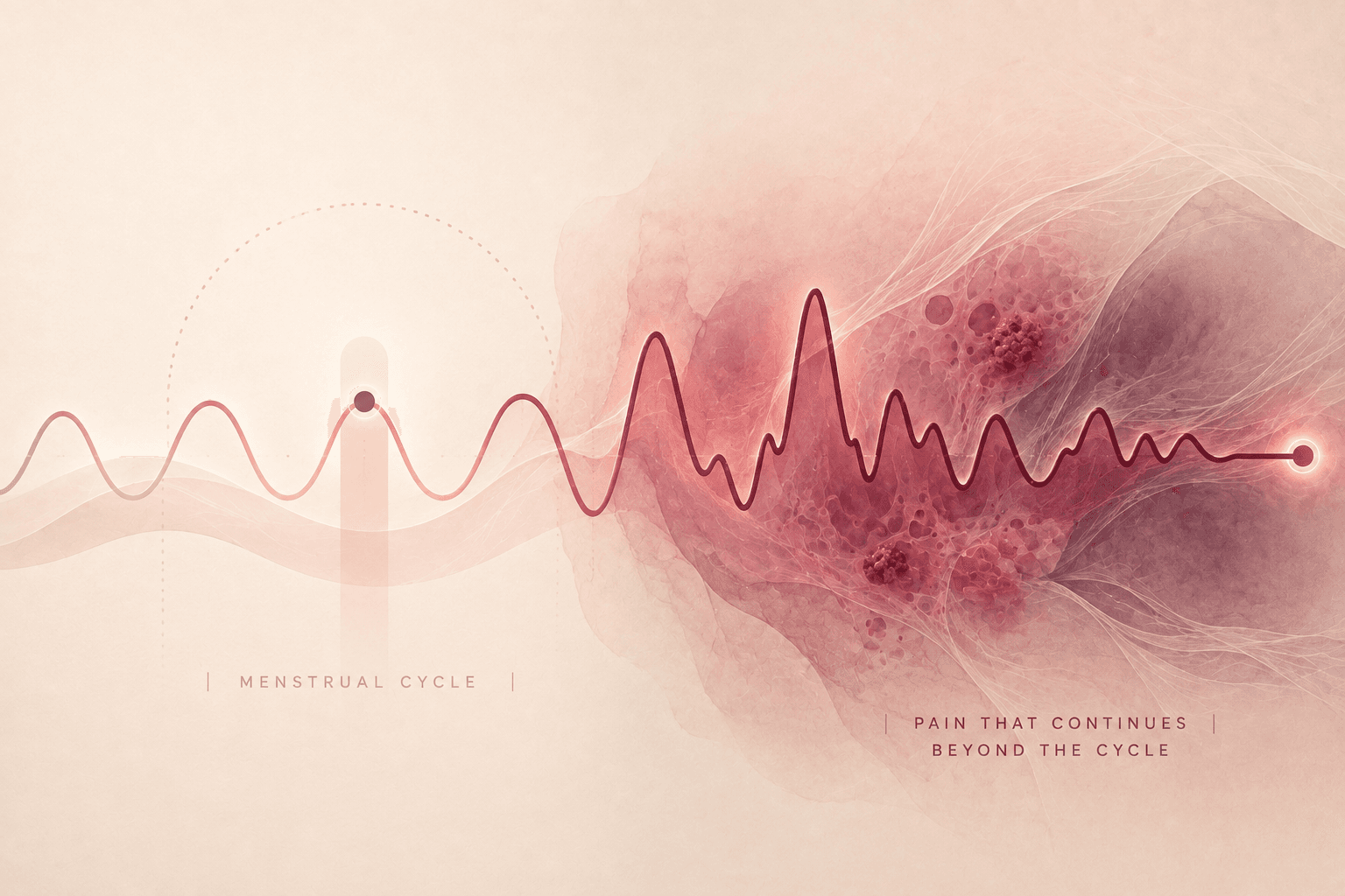Scientific illustration of a menstrual cycle pattern that becomes more intense and persistent beyond the expected cycle, representing endometriosis and period pain that may signal an underlying condition.
