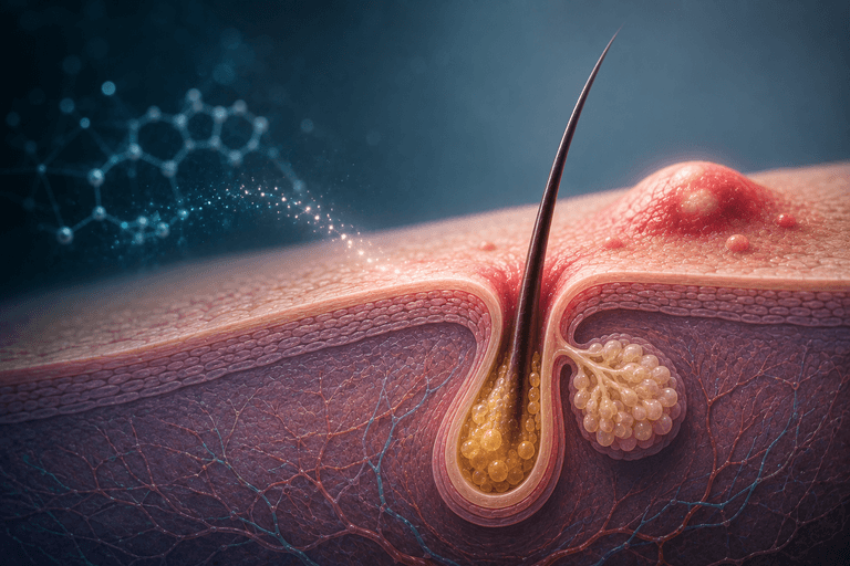 3D medical illustration showing how hormonal signals can influence sebum production and inflammation within a skin follicle, contributing to recurring hormonal acne.